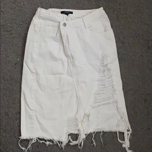 Knee length Distressed white denim skirt